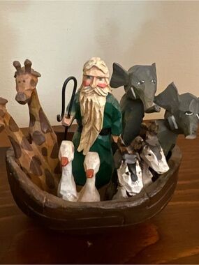 Hand-Carved Noah's Ark Sculpture with Green-Clothed Figure